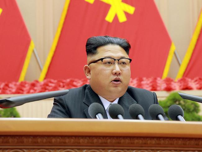 North Korean leader Kim Jong-Un delivering a speech at the First Conference of Chairpersons of the Primary Committees of the Workers' Party of Korea. Picture: AFP