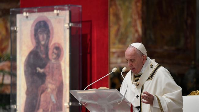 Pope Francis delivers his homily during Easter's Holy Saturday Vigil held behind closed doors at St. Peter's Basilica in the Vatican.