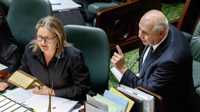 Premier Jacinta Allan and Treasurer Tim Pallas during Question Time in Victorian Parliament. Picture: NCA Newswire/David Geraghty