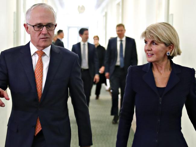 Former PM Malcolm Turnbull and then Foreign Minister Julie Bishop after a party meeting in Canberra on Friday, August 24. Picture: David Gray/Pool Photo via AP