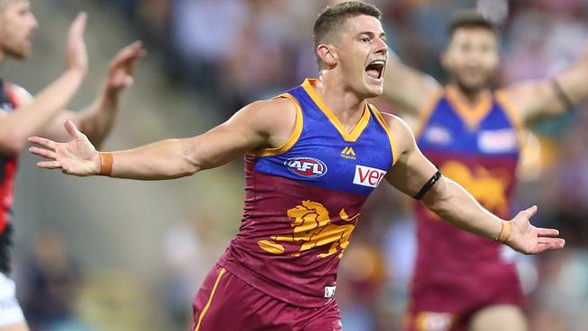 Dayne Zorko celebrates a goal for Brisbane. Picture: Getty Images