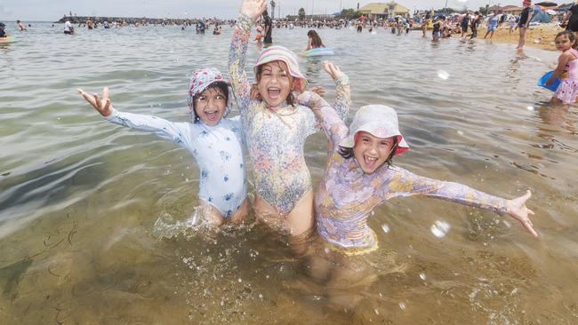 Isabella, Annika and Samara frolic at Williamstown beach. Picture:Rob Leeson.