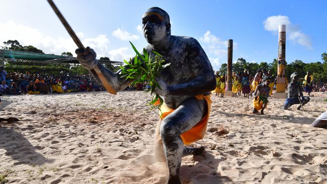 Yolngu yellow flag dancers on the Bunggul at day one of Garma on Friday, August 8, 2023. Picture: Zizi Averill