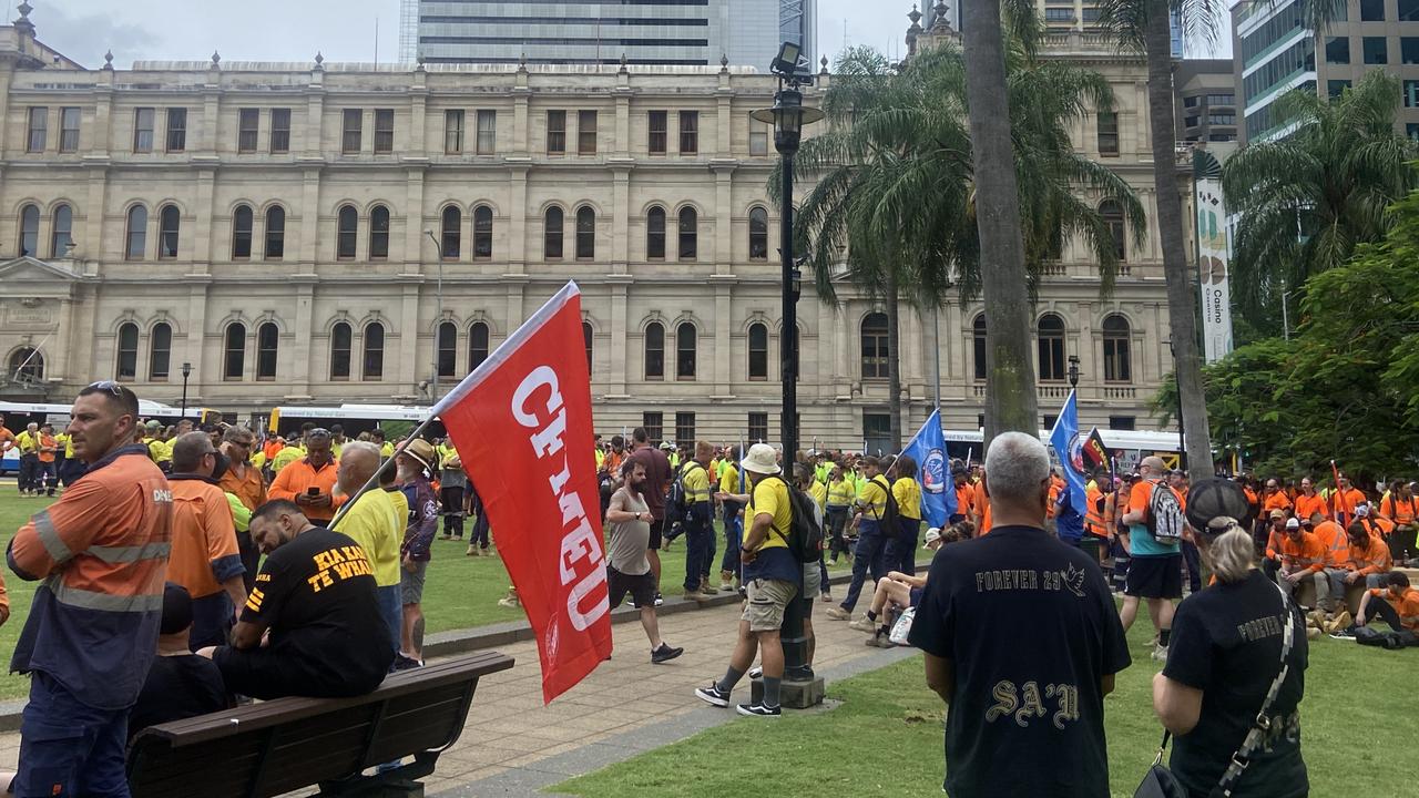 A CFMEU protest in the wake of a tragic worker death has shut down Brisbane’s CBD.