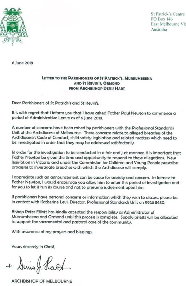 The letter by Archbishop Denis Hart sent to St Kevin’s Ormond and St Patrick’s Murrumbeena parishioners.