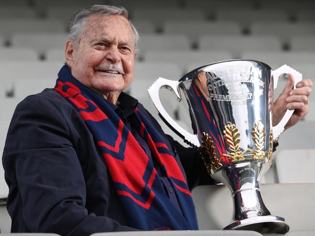 Finals are back the MCG. Football legend Ron Barassi is looking forward for his beloved Melbourne Demons to take home the 2022 Premiership Cup. Ron holds the 2022 AFL Premiership Cup on the MCG.               Picture: David Caird