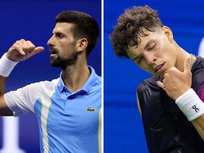 Novak Djokovic (left) mocks Ben Shelton (right) and his signature phone celebration after victory in the 2023 US Open semifinal.