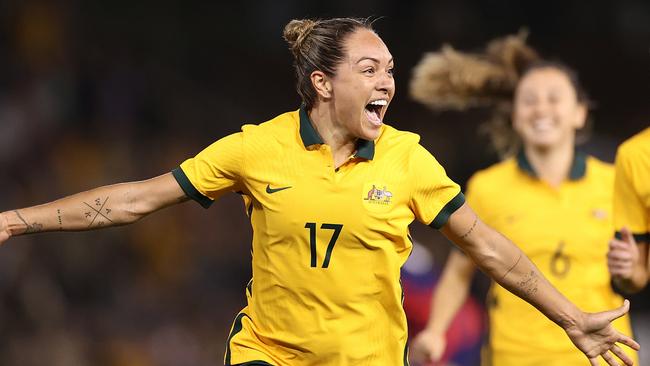 NEWCASTLE, AUSTRALIA - NOVEMBER 30: Kyah Simon of the Matildas celebrates scoring her team's only goal during game two of the International Friendly series between the Australia Matildas and the United States of America Women's National Team at McDonald Jones Stadium on November 30, 2021 in Newcastle, Australia. (Photo by Cameron Spencer/Getty Images) *** BESTPIX ***