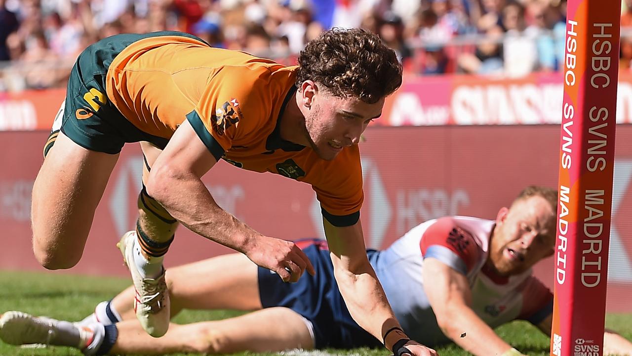 Ben Dowling scores a try against Great Britain in the Madrid Rugby Sevens in June. Picture: Getty Images