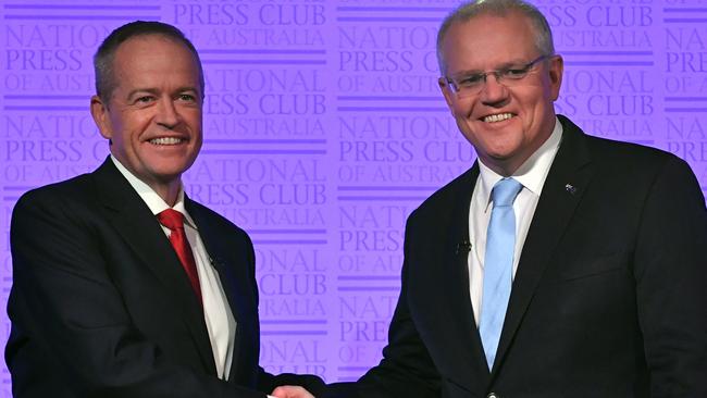 Leader of the Opposition Bill Shorten and Prime Minister Scott Morrison shake hands before the third Leaders Debate. Picture: AAP