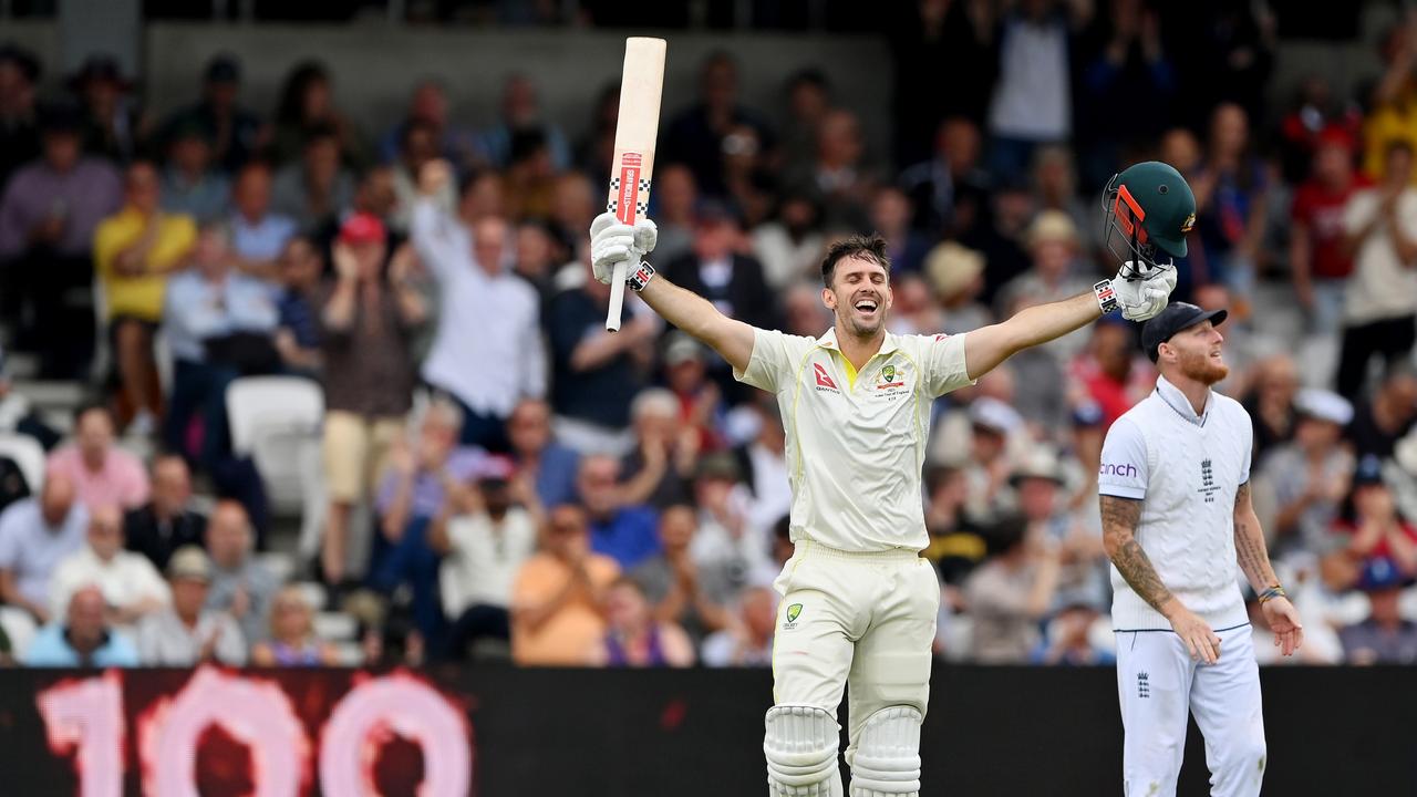 Mitchell Marsh celebrates reaching his century in extraordinary fashion. Picture: Getty