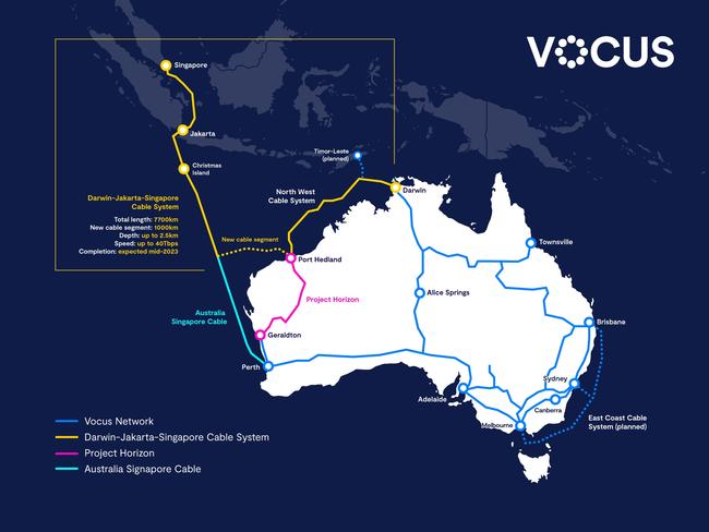 Chart showing Vocus’ new $100m, 1000km cable segment linking the existing Australia-Singapore Cable and the North-West Cable System.