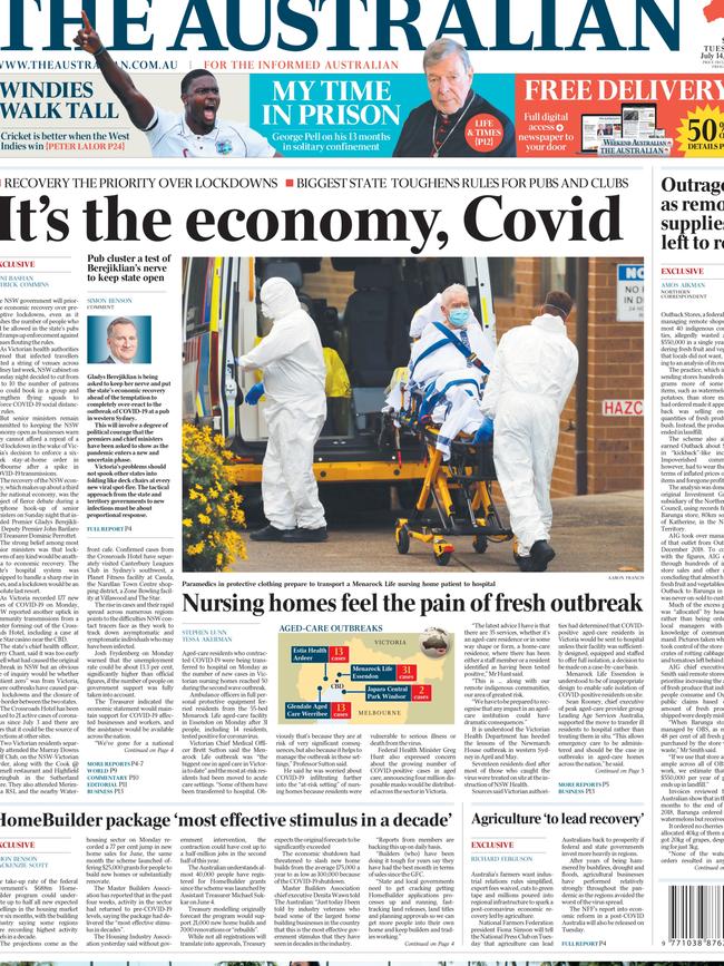 The Australian front page on July 14, 2020.