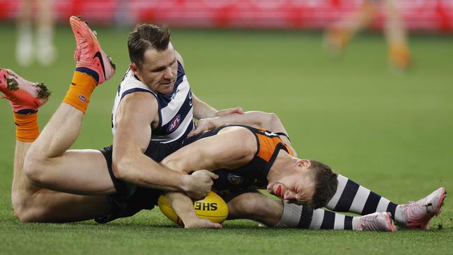 Essendon coach Brad Scott says he fully expected Patrick Dangerfield to successfully challenge his one-match ban for this tackle on Sam Walsh on Friday night. Picture: Michael Klein