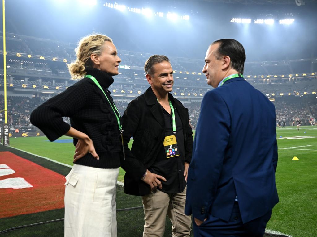 Sarah and Lachlan Murdoch with Peter V'landys at Allegiant Stadium in Las Vegas, on March 02, 2024. Picture: NRL Photos