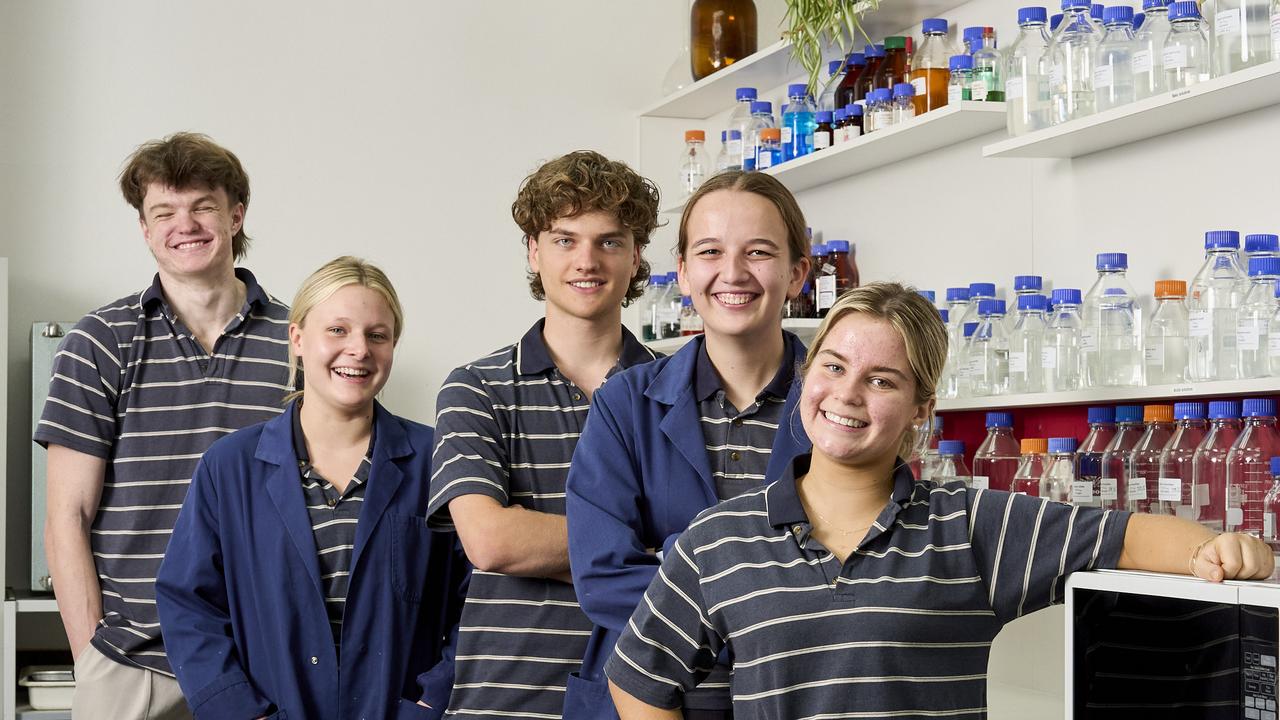 Still smiling are Pulteney year 12 chemistry students, James Bradley, Mackenzie Weaver, Oscar Mitchell, Sarah Ninio and Emerson McClurg after their exam with a flawed question. Picture: Matt Loxton