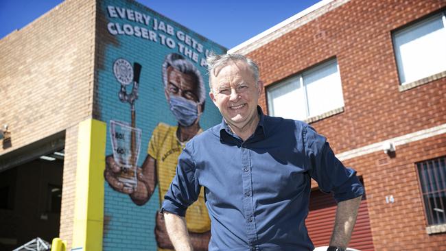 New Prime Minister Anthony Albanese, visits the Bob Hawke mural in Marrickville. He needs to follow Hawke’s consensus style of leadership. Picture: NCA NewsWire / Christian Gilles