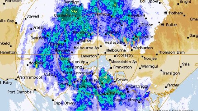Radar footage shows Melbourne under attack from a storm cell people are likening to Pac-Man as rain and wild winds lash the state.