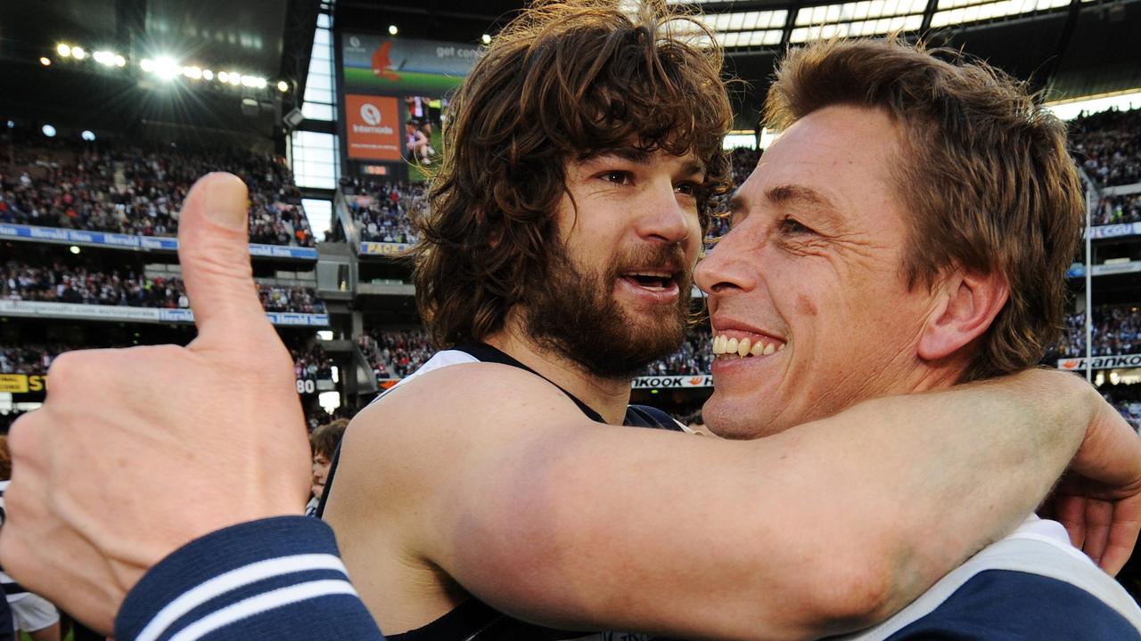 Mark Thompson celebrates with Max Rooke after the 2009 Grand Final. Picture: Getty Images 