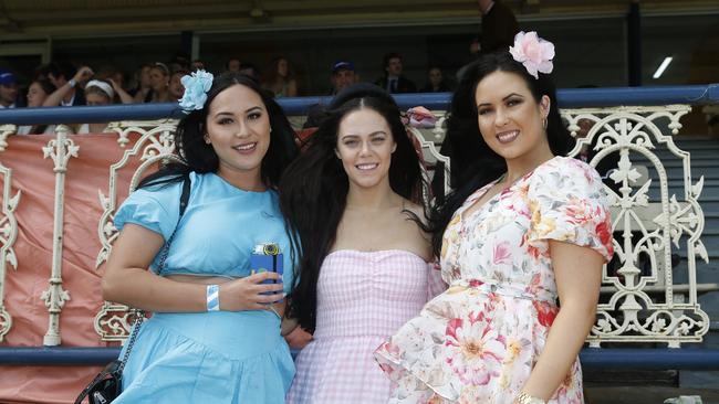 Ballarat Cup socials. Intense rain and wind didn't stop the cup. Eva Lineker, Taylah Trezise, Ashley Gray. Picture: Valeriu Campan