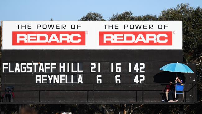 The record grand final-winning margin scoreboard after the Southern Football League grand final between Flagstaff Hill and Reynella at Hickinbotham Oval, Saturday September 22. Picture: AAP/Mark Brake