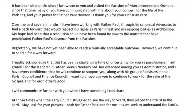 Part of a letter sent to parishioners and parents on May 31. Picture: Supplied