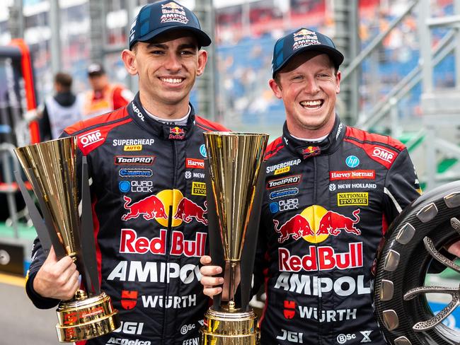 MELBOURNE, AUSTRALIA - MARCH 24: (EDITORS NOTE: A polarizing filter was used for this image.) (L-R) Broc Feeney driver of the #88 Red Bull Ampol Racing Chevrolet Camaro ZL1 and Will Brown driver of the #87 Red Bull Ampol Racing Chevrolet Camaro ZL1 during race 4 of the Melbourne Supersprint, part of the 2024 Supercars Championship Series at Albert Park, on March 24, 2024 in Melbourne, Australia. (Photo by Daniel Kalisz/Getty Images)