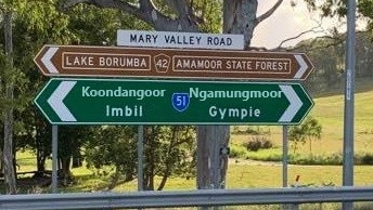 While accurate information around the origins and traditional Indigenous names for many communities and sites within the Gympie region is not easy to confirm, the State Government does list some, with question marks where even they are not 100% certain. Embracing our Indigenous past and those traditional place names is a growing trend and a fascinating journey of discovery. In this image we imagine what the directional sign at the Mary Valley Link Road might look like if we called Kandanga and Amamoor by their traditional names, Koondangoor and Ngamungmoor.