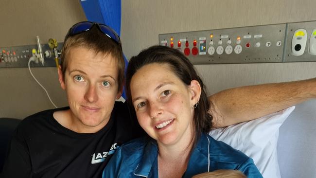 Emily Thorogood delivered the first baby at the re-opened Weipa birthing service, a son called Vin. Pictured with partner Alistair and other son Kai. Picture: Supplied