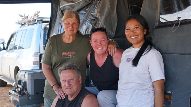 (Back) Ruth Frick, Kylie Huppatz, Tiara Ladju and (front) Rick Carrick camping at the Birdsville Races. Picture: Jessica Ball