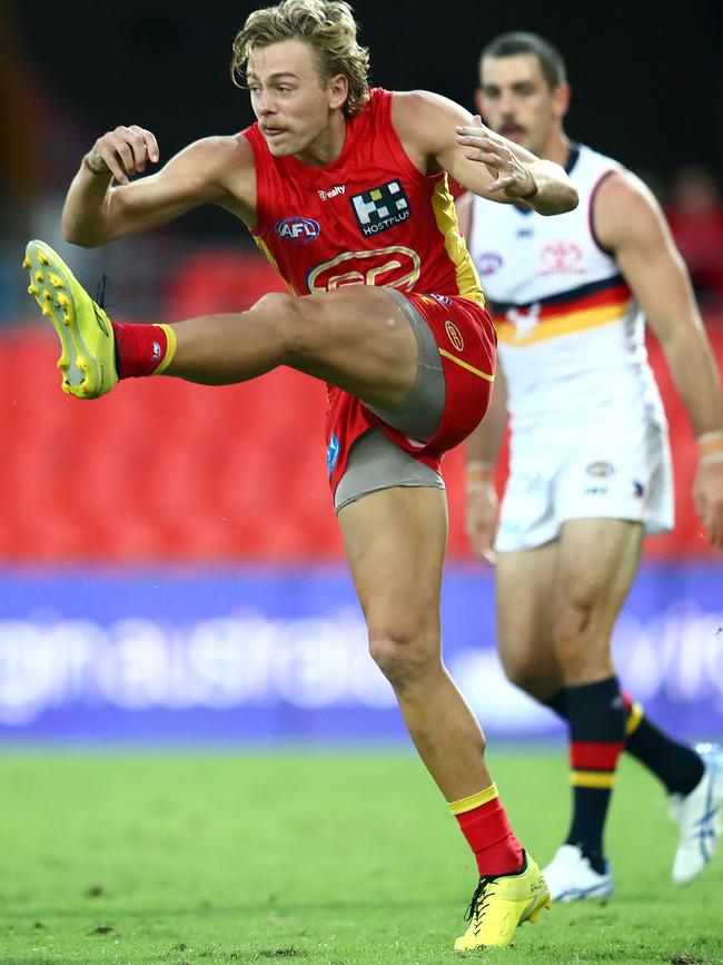 Ex-Crow Hugh Greenwood kicks during the Suns’ demolition of Adelaide. Picture: Jono Searle/AFL Photos/via Getty