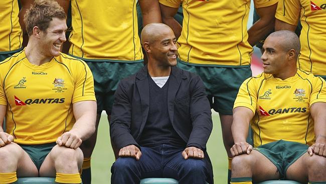 Gregan laughs with openside flanker David Pocock and Genia before a Test against Wales in 2012.