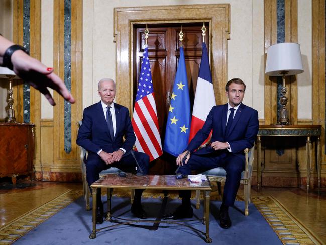 US President Joe Biden and French President Emmanuel Macron at the French Embassy to the Vatican in Rome on October 29, 2021. Picture: Ludovic Marin / AFP.