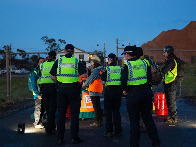 Police address Bob Brown Foundation protesters at woodchip mill in state's North.