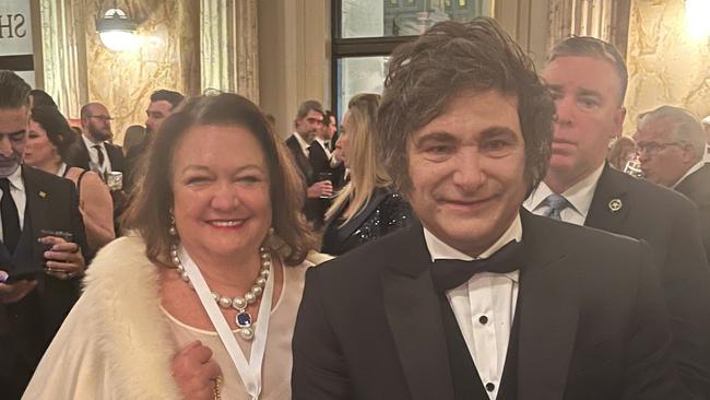 Gina Rinehart with Argentinian President Javier Milei at the Starlight Ball in Washington on Tuesday (AEDT).