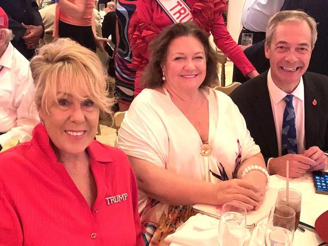 Former Liberal Party federal vice president Teena McQueen (left), Australian mining magnate Gina Rinehart (centre) and the leader of the conservative UK Reform party, Nigel Farage at Donald Trump’s election watch party at Mar-a-Lago.