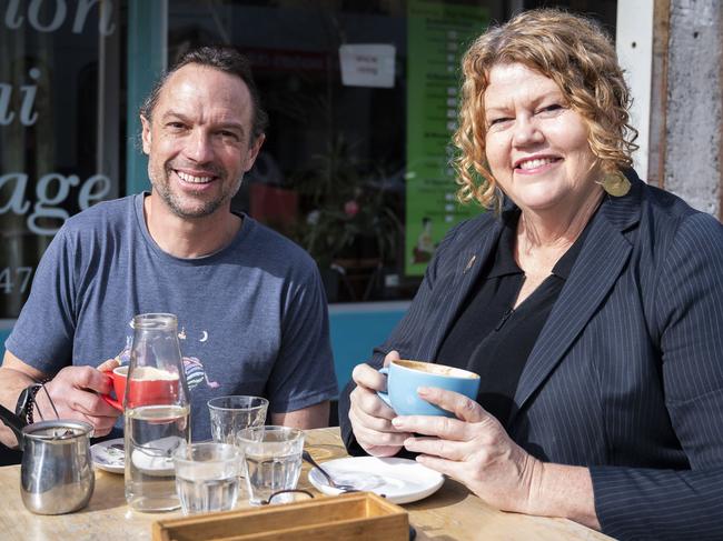 Street-side dining at owner Tim Beaman from Straight Up Coffee + Food with Anna Reynolds Hobart City Lord Mayor in Liverpool St. Picture: Caroline Tan