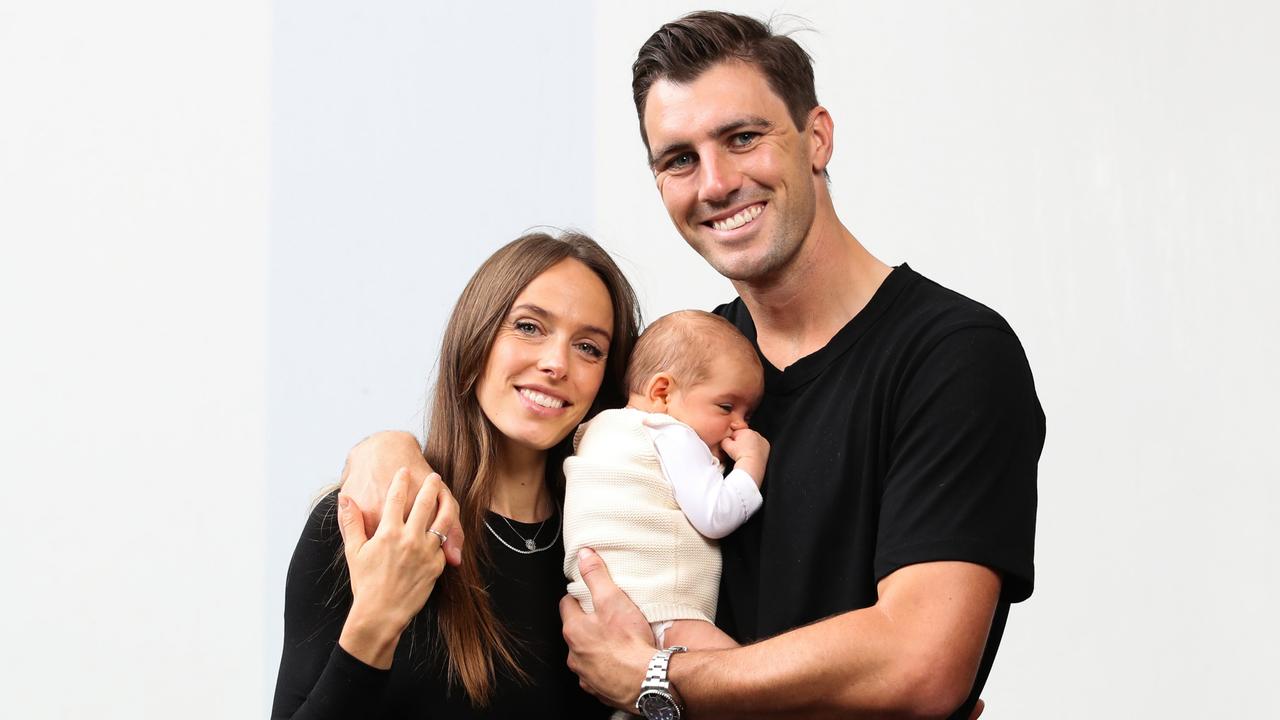 Australian Test cricket captain Pat Cummins and wife Becky with son Albie, then seven weeks old. Picture: Zak Simmonds.