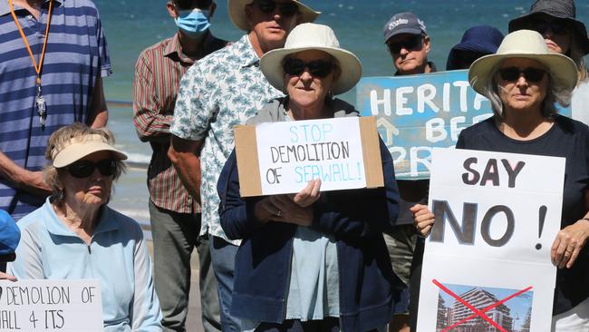 Residents rally in February 2021 against the proposed demolition of the Seawall Apartments for Chasecrown’s 13-storey apartment block. Picture Dean Martin