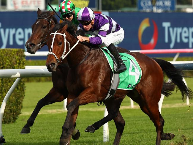 SYDNEY, AUSTRALIA - MAY 25: Rory Hutchings riding Konasana wins Race 5 St George Leagues Club during the "Sporting Chance Cancer Foundation Raceday" - Sydney Racing at Royal Randwick Racecourse on May 25, 2024 in Sydney, Australia. (Photo by Jeremy Ng/Getty Images)