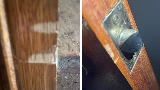 The Murray Parade home bore visible signs of a break in, with the front door which the alleged intruders “popped open” showing scrape marks in the timber.