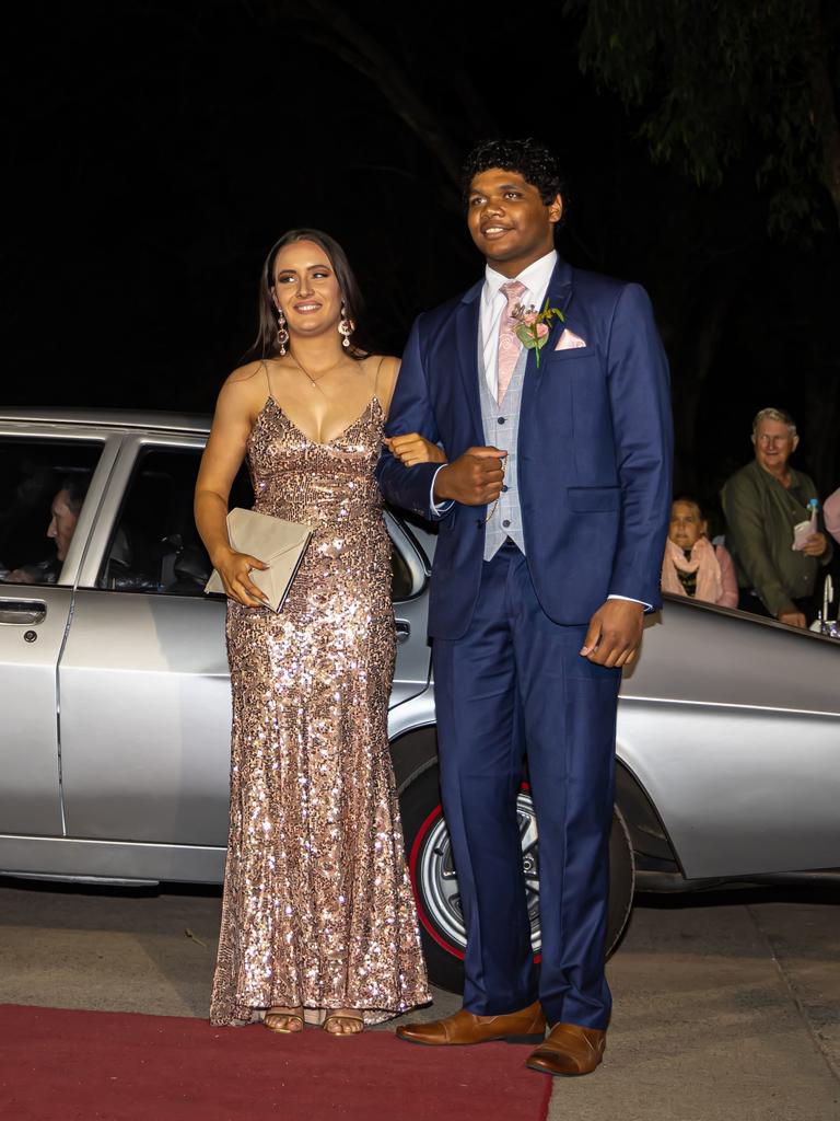 Shona McFarland and Beau Kendall arriving at the 2021 Scots PGC College Cardinal. Photo Jedd Johnstone / The J’taime