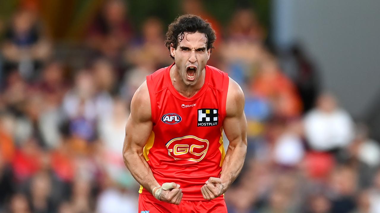 Ben King celebrates a goal during Gold Coast’s win. Picture: Albert Perez/AFL Photos via Getty Images.