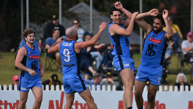 Abe Davis (right) celebrates his goal with Sturt teammate against Glenelg on Sunday. Picture: Keryn Stevens