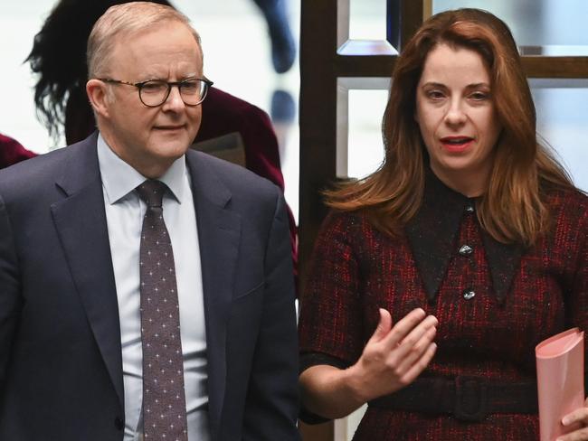 CANBERRA, AUSTRALIA, NewsWire Photos. AUGUST 3, 2023: The Prime Minister, Anthony Albanese and Minister for Aged Care and Minister for Sport Anika Wells arrive for Question Time at Parliament House in Canberra. Picture: NCA NewsWire / Martin Ollman