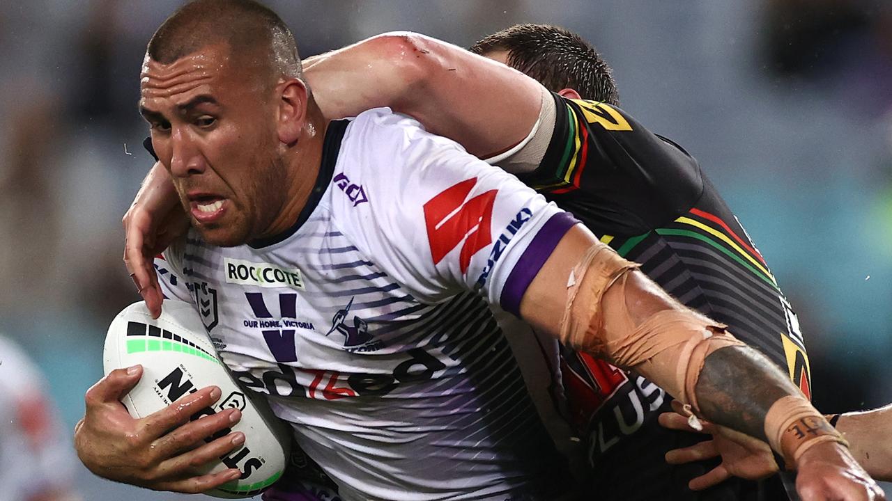 SYDNEY, AUSTRALIA - OCTOBER 25: Nelson Asofa-Solomona of the Storm is tackled during the 2020 NRL Grand Final match between the Penrith Panthers and the Melbourne Storm at ANZ Stadium on October 25, 2020 in Sydney, Australia. (Photo by Cameron Spencer/Getty Images)