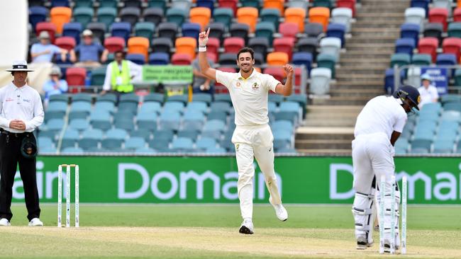 Sri Lanka’s Vishwa Fernando is clean bowled by Mitchell Starc at Manuka Oval to wrap up the second Test. Picture: AFP