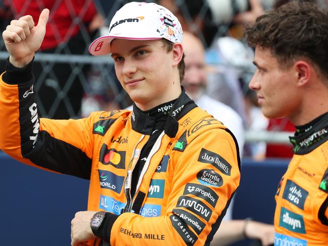 MIAMI, FLORIDA - MAY 03: Second placed Oscar Piastri of Australia and McLaren and Sprint winner Lando Norris of Great Britain and McLaren in parc ferme during the Sprint ahead of the F1 Grand Prix of Miami at Miami International Autodrome on May 03, 2025 in Miami, Florida. (Photo by Mark Thompson/Getty Images)