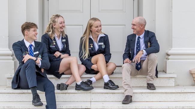 Principal Ken Barwick (right), pictured on the grounds of Denison College, Bathurst High Campus, with students (l to r) Joseph Little 17, Dakota Hindmarch 17,and Claire Hawley 17. Picture by Justin Sanson