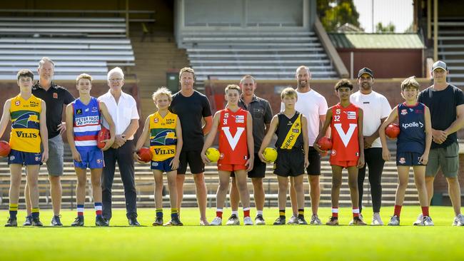 SANFL under 14 development squad. L-R: Max Leys, Brian Leys (Eagles), Lucas Skinner, grandfather Lyle Skinner (Central District), Jimmy Burton, Brett Burton (Eagles), Bodhi Ebert, Daniel Ebert (North Adelaide), Harry Thompson, Scott Thompson (Glenelg), Michael Clinch Jnr, Michael Clinch Snr (North Adelaide), Loki Bown, Stuart Bown (Norwood). Picture: Supplied